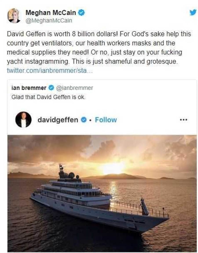 大卫格芬上传私人游艇照片，不但被网民挞伐他炫富，就连美国知名主持人梅根麦肯也发文痛批。