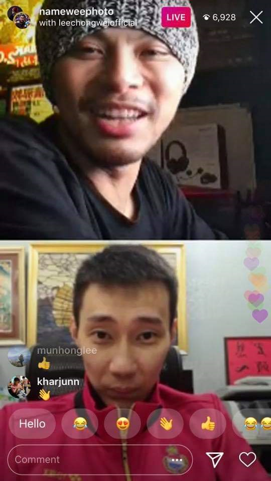 黄明志（上）与李宗伟（下）5日晚上在Instagram上直播互动，两个大男生对玩视讯，让黄明志笑称自己觉得很别扭。