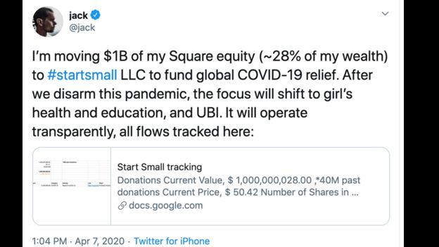 43岁的多尔西周二在推特发表一连串推文表示, 捐出旗下Square公司股份，以资助全球应对冠病危机。（图 ：互联网）　