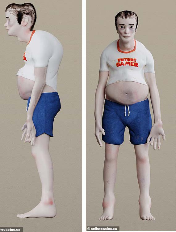 加拿大网站公司对电玩成瘾者身体变化做研究，设计出20年后的人体模型“麦克”。( 图取自互联网）