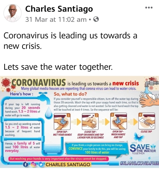查尔斯在脸书分享有关冠病的正确资讯，并希望大众做足防疫措施。