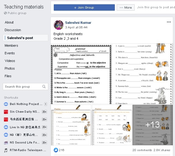 Teaching Materials脸书也有不少会员上传不同类别的习题,可给网友免费下载。