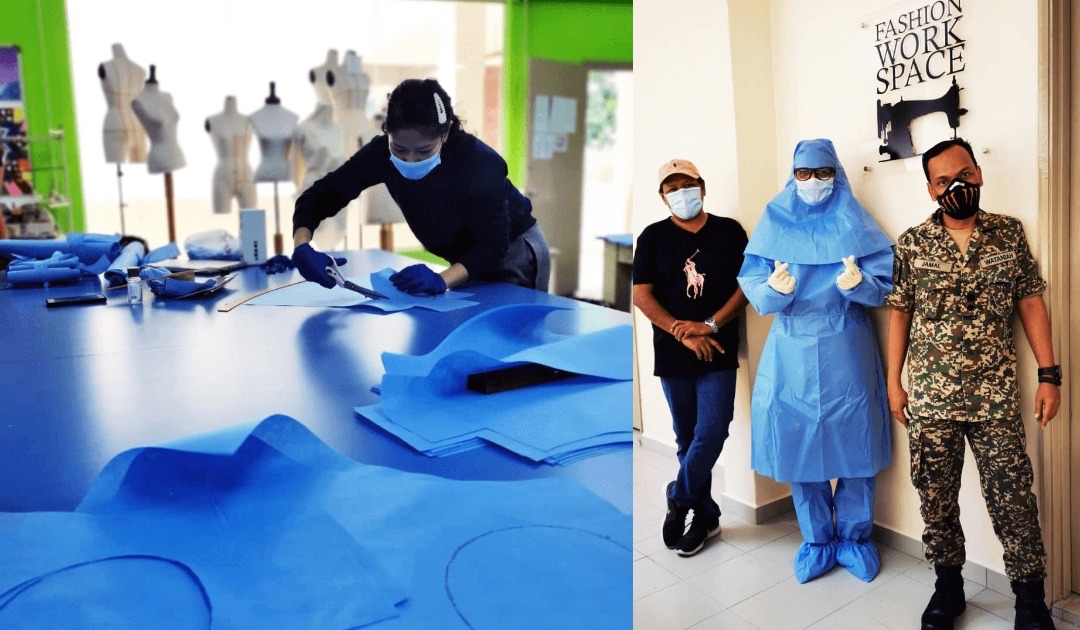 FCCI时装设计讲师使用校内设备裁制PPE，右图为展示PPE成品及制作团队，右一为贾玛鲁丁。