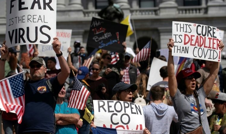 Anti-lockdown demonstrations in the US over the weekend drew hundreds of people in Colorado, Texas, Maryland, New Hampshire and Ohio. AFP Anti-lockdown demonstrations in the US over the weekend drew hundreds of people in Colorado, Texas, Maryland, New Hampshire and Ohio. AFP