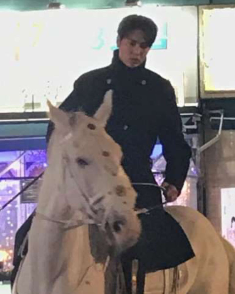 李敏镐在车道上骑着白马前进，在《The King：永远的君主》第一集结尾出现时，行走雕刻般的外貌令人惊艳。