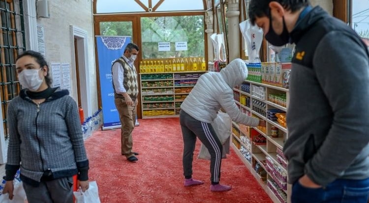 With mass prayers suspended, the Dedeman mosque in Istanbul has turned itself into a food bank. AFP With mass prayers suspended, the Dedeman mosque in Istanbul has turned itself into a food bank. AFP