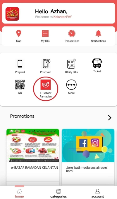欲下单者可透过手机应用程式下载KelantanPAY，完成注册后点击E-Bazaar Ramadan选购食物即可。