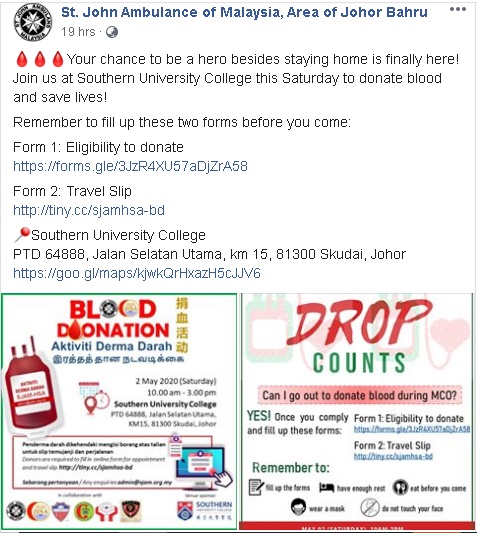 圣约翰救伤队新山分会官方脸书贴出捐血运动详情，民众可在前往捐血前进行线上申请。