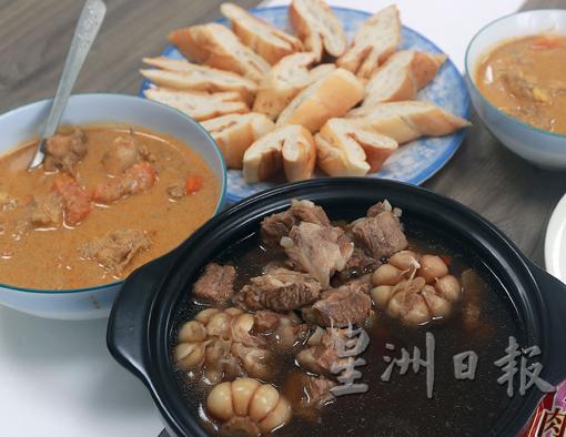 越南员工烹煮的肉骨茶和咖哩鸡，搭配上越南国民美食——法式面包。