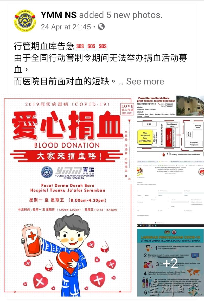 虽然无法举办捐血运动，青运森州分会依然通过设计海报、翻译官方资讯及在社交媒体发布消息，协助号召更多人捐血。