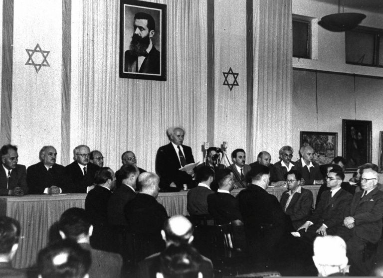 On May 14, 1948, Israeli Prime Minister David Ben Gurion reads Israel's declaration of independence in Tel Aviv. AFP