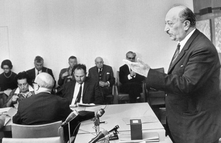Simon Wiesenthal, a Holocaust survivor and Nazi hunter involved in the pursuit of Adolf Eichmann, pictured at a press conference on September 9, 1968, in Vienna. AFP
