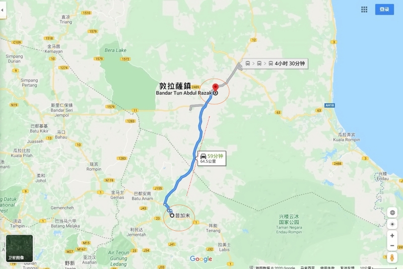 根据谷歌地图计算，从柔佛昔加未前往彭亨州云冰县敦拉镇，距离约为64.5公里。