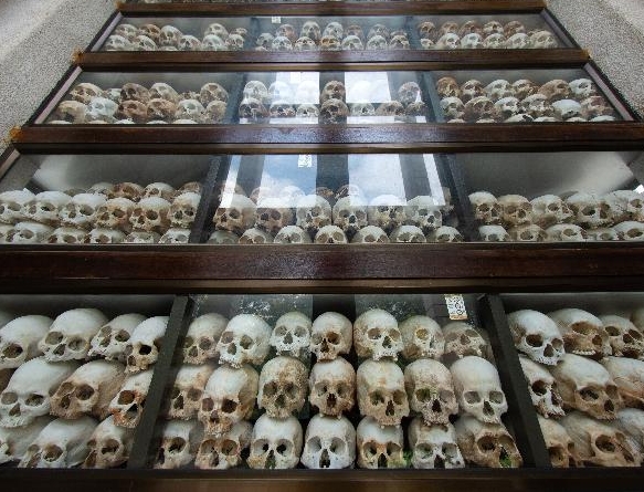 Skulls of genocide victims on display at a Buddhist memorial pagoda in Phnom Penh. SIN CHEW DAILY