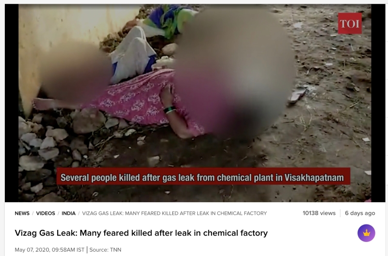 网传视频其实与此前发生在印度的化学工厂毒气泄漏事件的画面一致，证明印度冠病患者倒毙街头的说法并不正确。