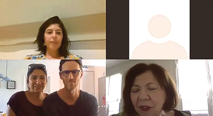 Clementine Dokhan (top left) at her home in Tarnos, southwestern France, Clara Delobe and her husband Nicolas Delobel (bottom left) at their home in Thouare-sur-Loire, western France, and Jacqueline Sebban at her home in Paris, while on a video call. AFP