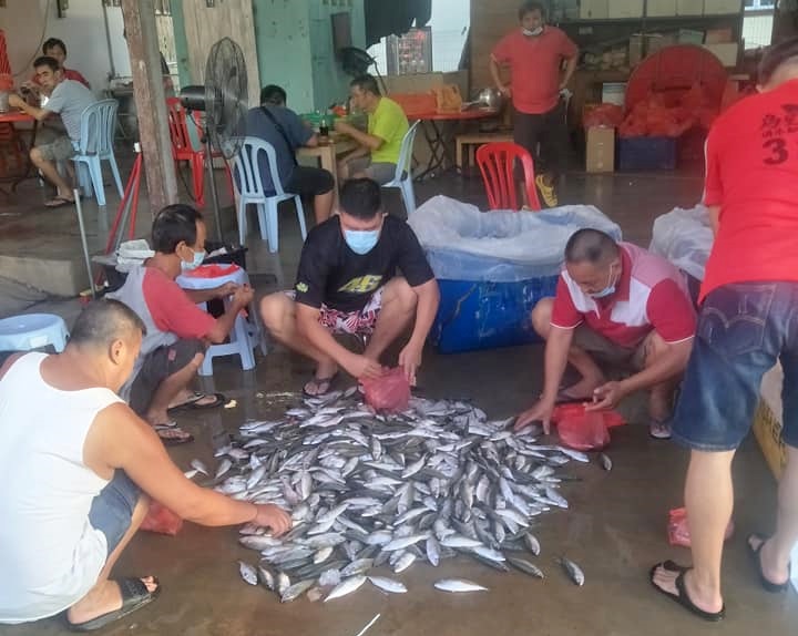 村民们合力将善心团体报效的鲜鱼包装起来，以便能在最快时间内送达每一户府上。