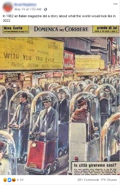 社交媒体上流传一张于1962年刊登在意大利杂志的图画，声称早已预示着人们在2022年需因为疫情保持社交距离，但事实上，并没有任何证据显示该画提及2022年。