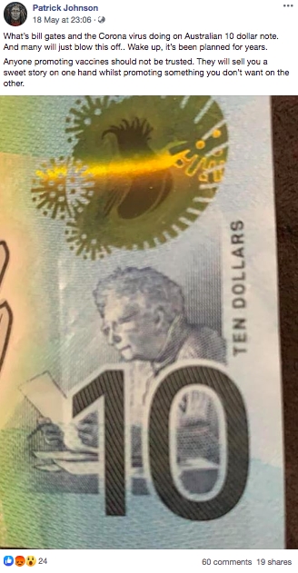 网传10澳元上印有冠状病毒图案与比尔盖兹肖像，实际上只是一则子虚乌有的假消息。