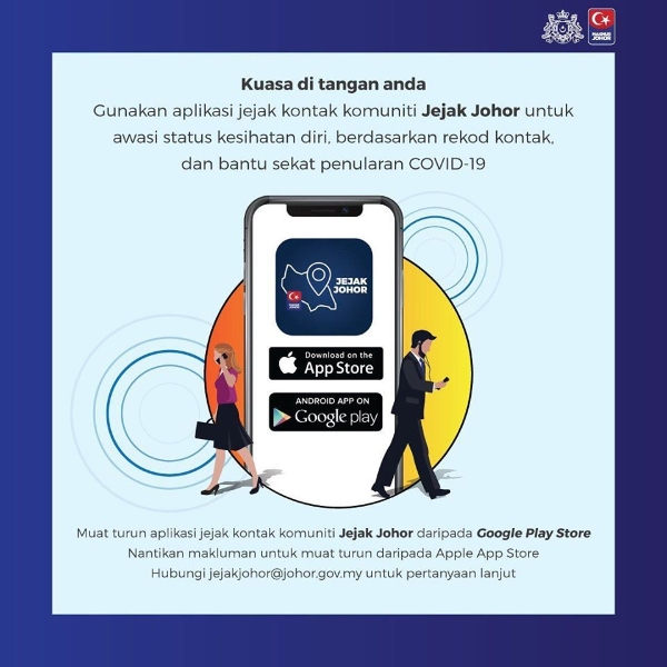 柔佛州政府在官方脸书积极向人民推广“柔佛足迹（Jejak Johor）”手机应用程式，并呼吁更多人民下载使用。