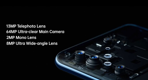 OPPO Reno 3 Pro后置4颗镜头，从上至下是1300万像素长焦镜头、6400万像素主镜头、200万像素黑白镜头和800万像素超广角镜头（120度）。