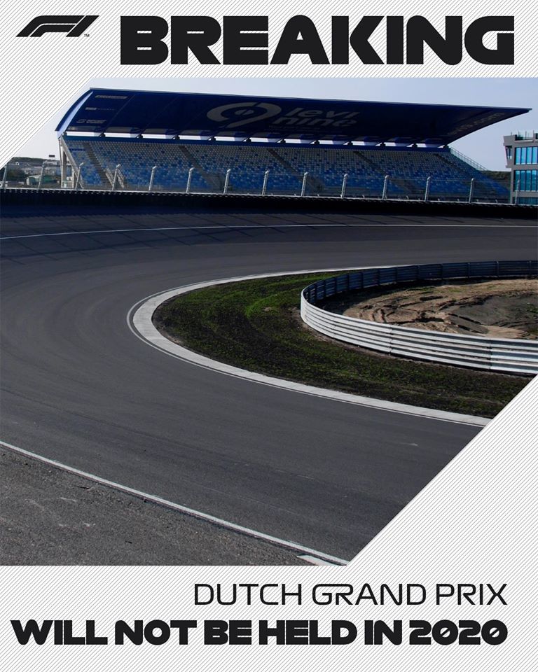 荷兰站F1大赛车主办方正式宣布延期至2021年，成为2020赛季正式取消的第4场比赛，F1回归赞德福尔特赛道将推迟到明年。（F1脸书照片）