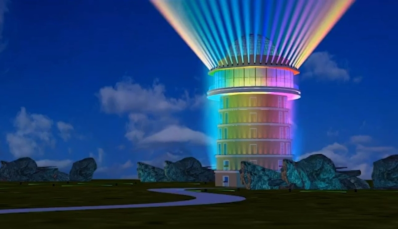 近看“灯塔”外观被七彩灯光环绕，上方还会照射出绚丽的灯光效果，令人叹为观止。