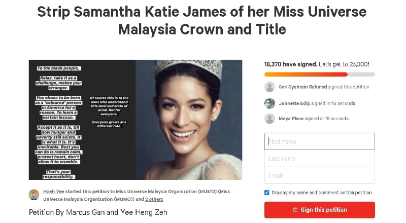 有超过1万8000人签署请愿书，要求褫夺莎曼达凯蒂的大马环球小姐头衔。