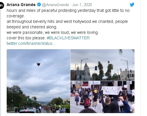 艾莉安娜格兰德也参加洛杉矶抗议活动，并在推特发文。