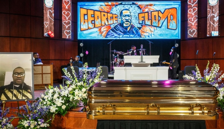 The casket containing the remains of George Floyd at a memorial service at North Central University in Minneapolis. AFP