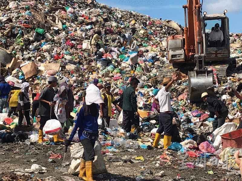 甘榜莱威村民在8哩垃圾场外搜可用物品。 