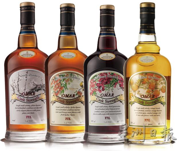 台湾被誉为世界水果王国，因此南投酒厂也生产独特的利口酒威士忌，左起为梅子桶、荔枝桶，葡萄桶、柳丁桶原桶强度单一麦芽威士忌。