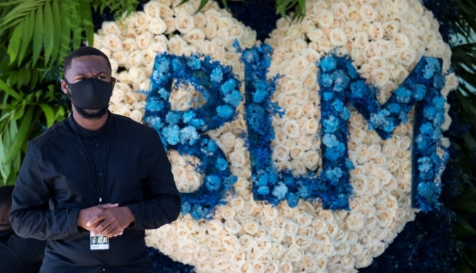 A 'Black Lives Matter' wreath as the casket of George Floyd arrives at the Fountain of Praise Church in Houston. AFP