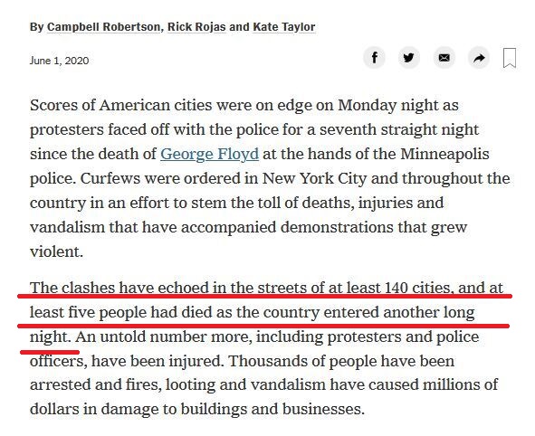 《纽约时报》报道指出，抗议声浪席卷美国至少140座城市，至少5人死亡，有数千人被逮捕，由此可见，内容农场文章的数据是不正确的。