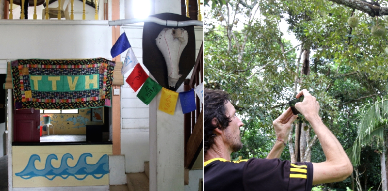 Decorative items at Titi Teras Village House are made by foreign tourists who stayed there (L); Paul loves durians and even takes pictures of the fruit on tree. SIN CHEW DAILY