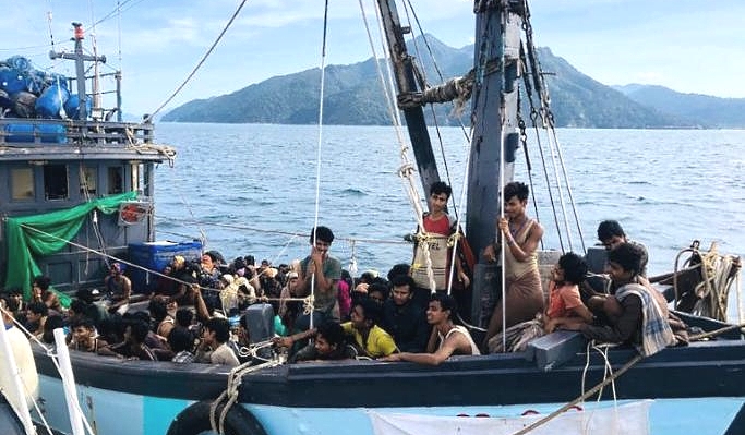 A wooden boat carrying suspected Rohingya migrants was detained off Langkawi on April 5. AFP