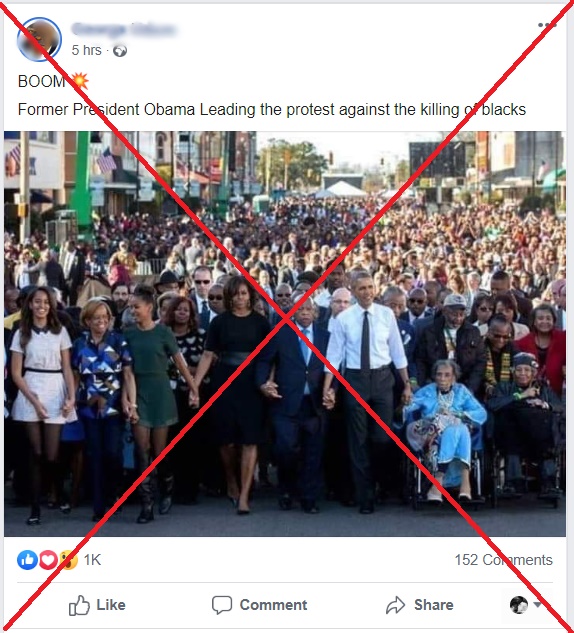 网传奥巴马带领示威者抗议对美国非裔的杀害，但实际上，该照片是数年前的旧照片，与近期的示威没有关系。

