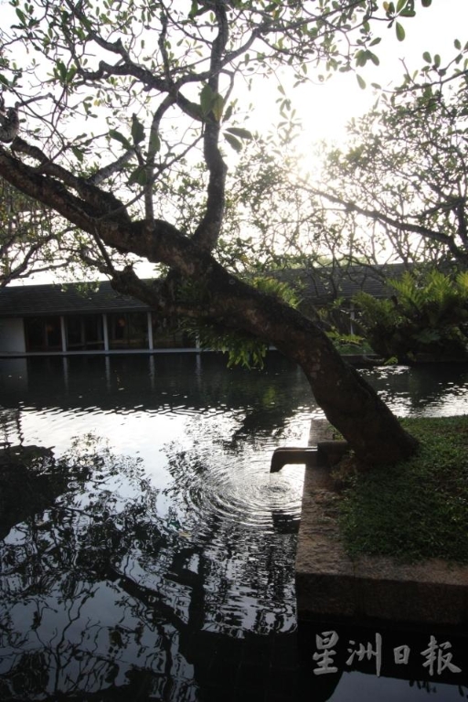 采取古老建筑里导水的技术设计，一片本来静思的水池，透过滴水而起的涟漪，一下活了起来。水中的绿树，似乎意味着斯里兰卡这座海里的小岛。