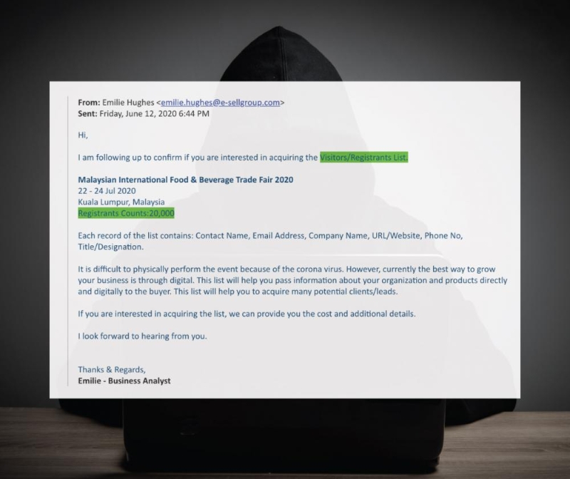 艾米莉·休斯未经授权，在2020年6月15日以sellgroup.com网站冒充商业分析师，通过发送电子邮件联系有关受害者，以马来西亚国际饮食展的名义提供各种服务，后经证实是假的。