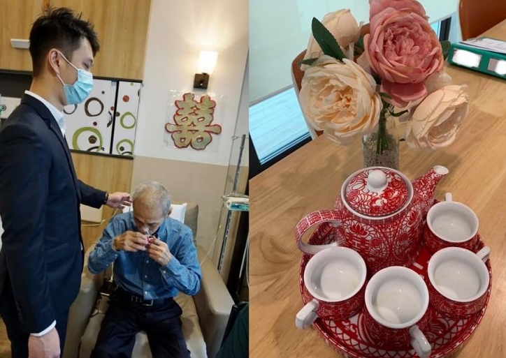 陈先生在病房内见证了儿子生命里的珍贵时刻，又喝到儿子及媳妇敬的茶，喜悦万分。（取自雅西西慈怀病院脸书）