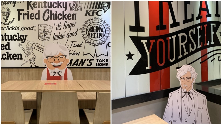 KFC出动了4款形象的“肯德基爷爷”陪伴单独堂食用餐的食客，也确保堂食顾客间保持安全距离。