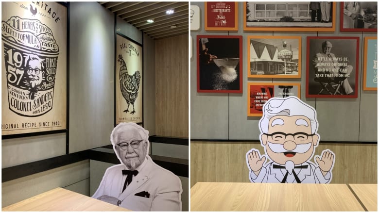 KFC出动了4款形象的“肯德基爷爷”陪伴单独堂食用餐的食客，也确保堂食顾客间保持安全距离。