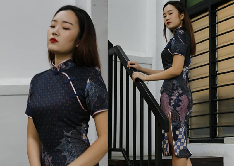 模特儿穿着由陈婉仪设计的峇迪旗袍，设计中蕴含了马来西亚元素，展现我国独有的风情。