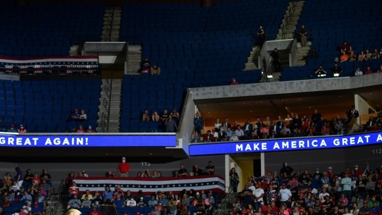 The upper section of the arena was partially empty as Trump spoke at a campaign rally in Oklahoma. AFP