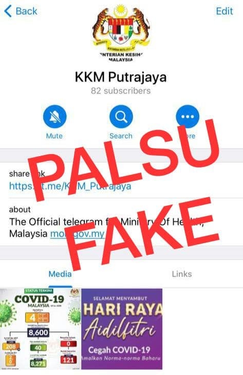 卫生部上线否认名为“KKM Putrajaya”的Telegram账号为官方信息渠道。（取自卫生部脸书）