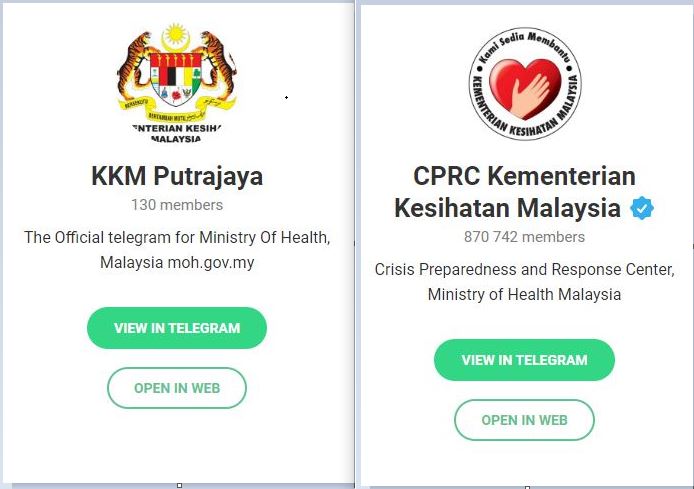左图为冒充卫生部的假Telegram账号群组；右图为卫生部官方信息渠道。