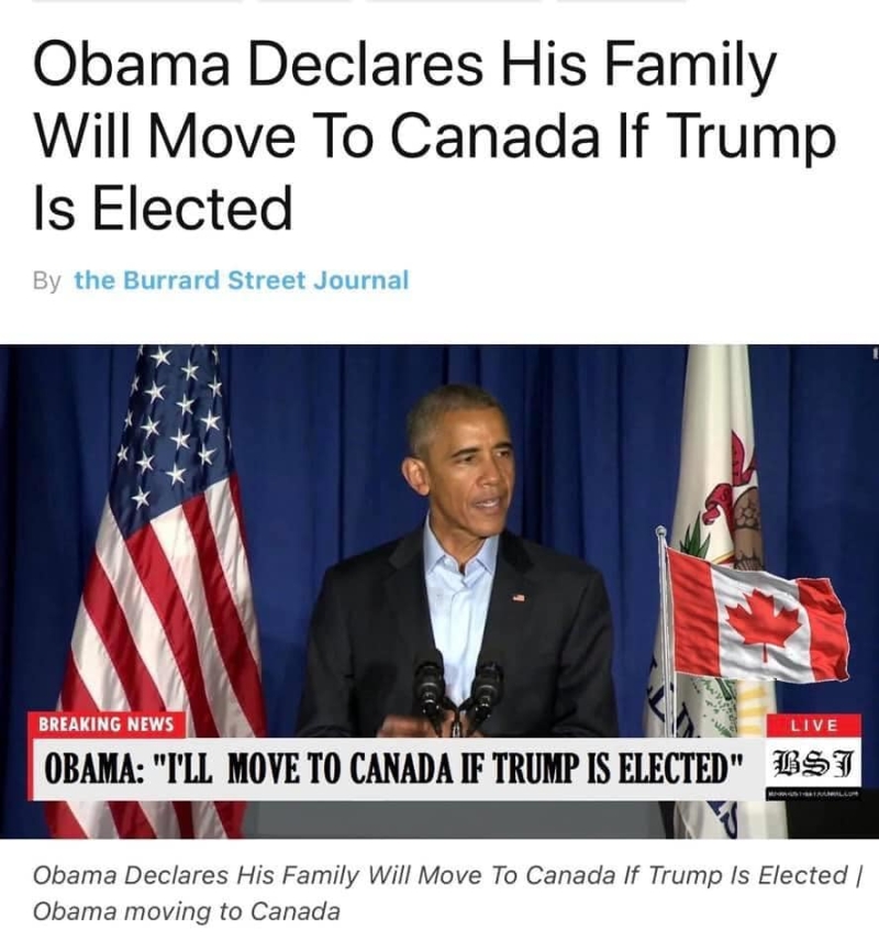 恶搞讽刺网站《Burrard Street Journal》发布奥巴马一家移民加拿大的讯息，被部分网民截图并散播在社交媒体平台。