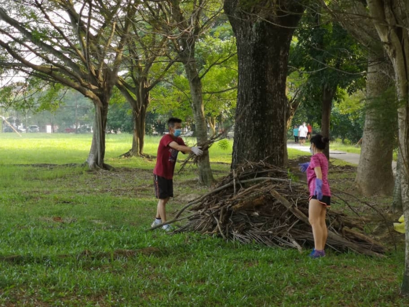 不少年轻人也加入大扫除活动，包括协助捡起掉在地上的树枝。