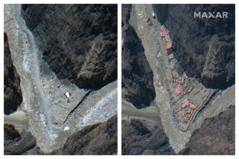 美国Maxar技术公司发布的卫星图像，左侧的为5月22日拍摄，右侧的为6月22日拍摄。从6月22日拍摄的照片中可看到中国在加勒万山谷进行活动，此时距中印军队发生有人员死伤的冲突还不到一周。（美联社照片）