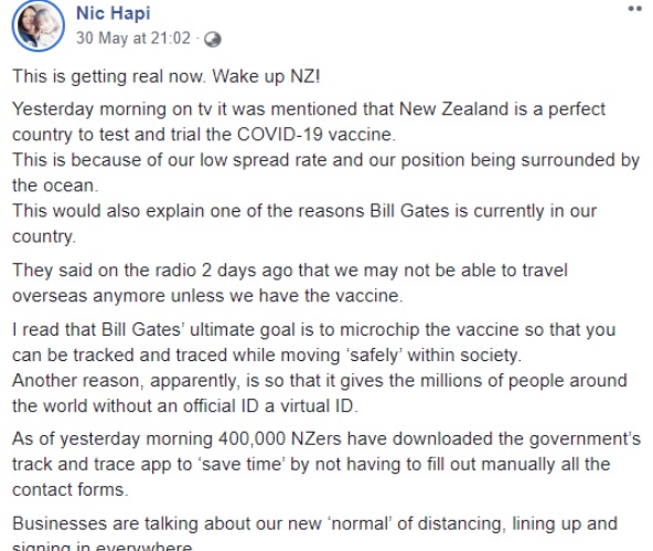 社交媒体出现的假消息宣称，比尔盖茨在纽西兰以晶片化冠病疫苗作为终极目标。